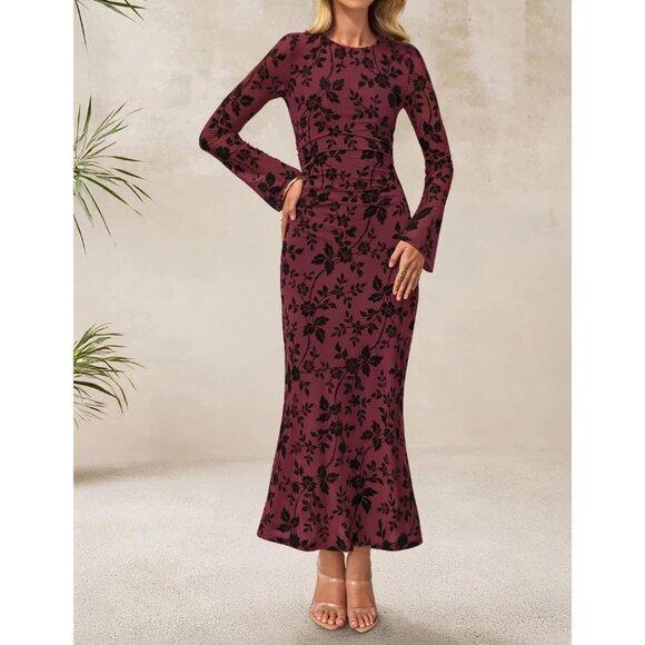 Zesica Women's Burgundy Ruched Mesh Long Sleeve Floral Bodycon Dress - Picture 3 of 5